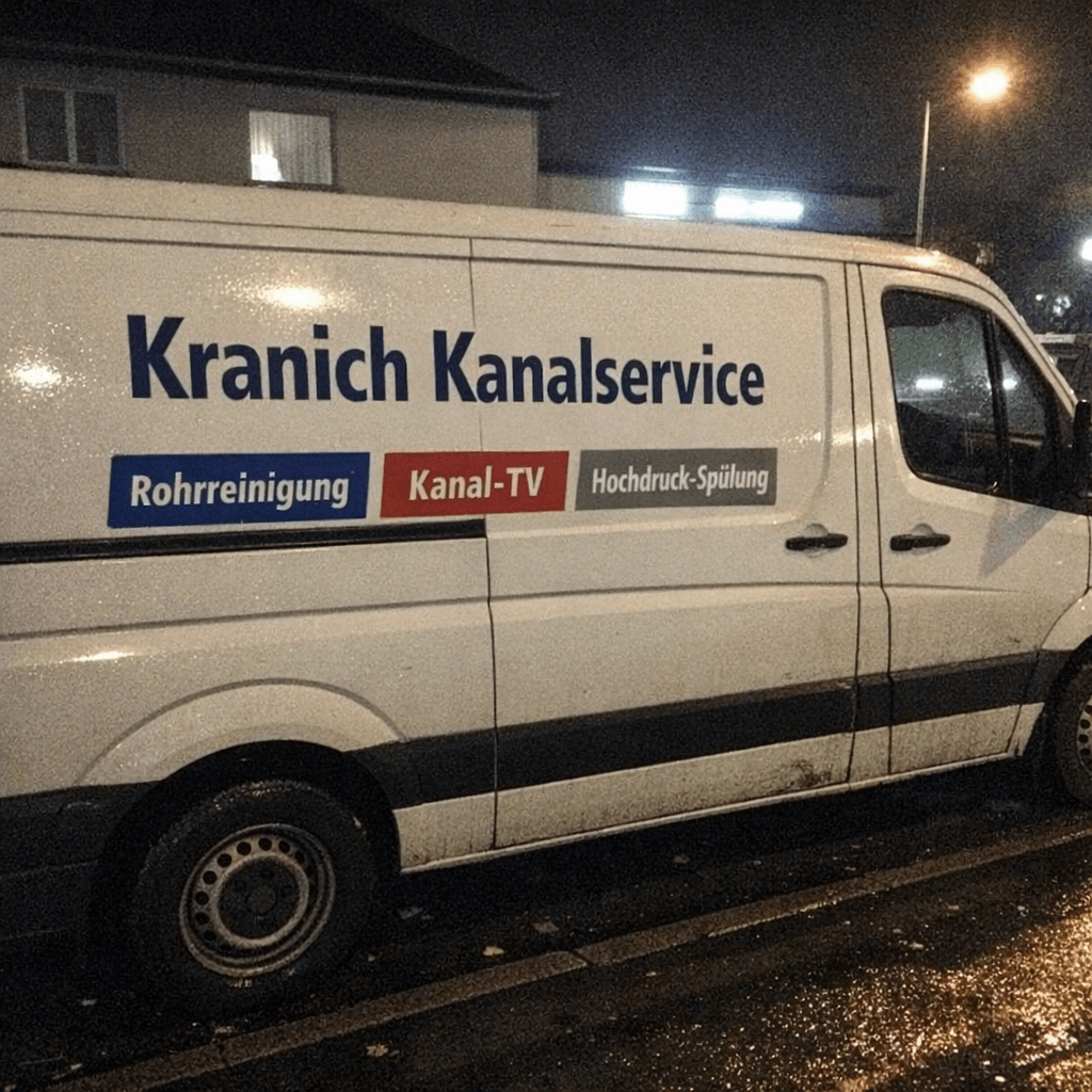 Weißes Einsatzfahrzeug mit geöffneter Seitentür vor einem Wohnhaus, während Werkzeug für die Rohrarbeit bereitliegt.