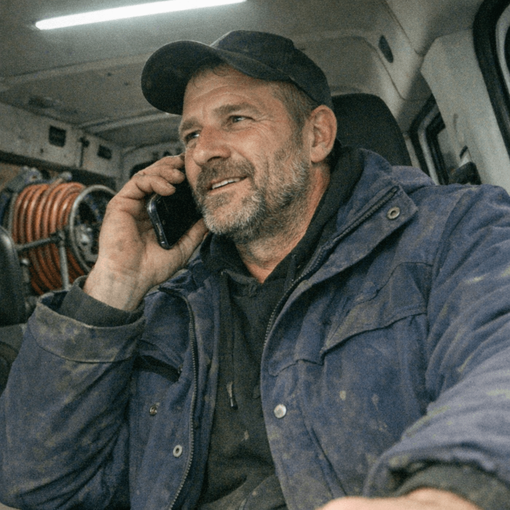 Techniker spricht am Mobiltelefon und notiert Kundendaten neben geöffnetem Einsatzkoffer.