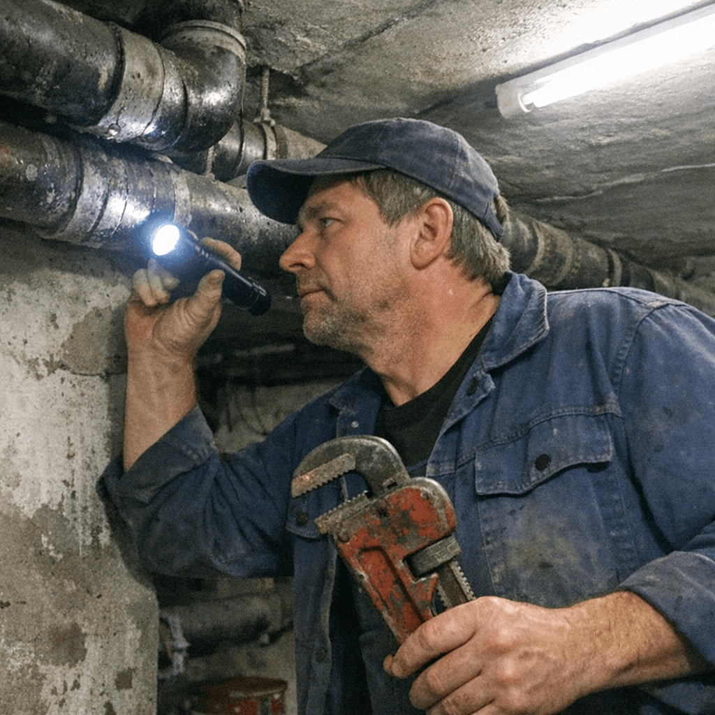 Techniker kniet an einem Revisionsschacht und kontrolliert die Leitungsführung mit Arbeitslampe.